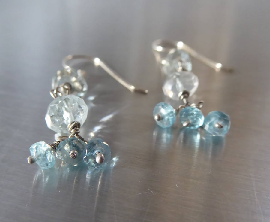 blue aquamarine and apatite dangle earrings in sterling silver, something blue
