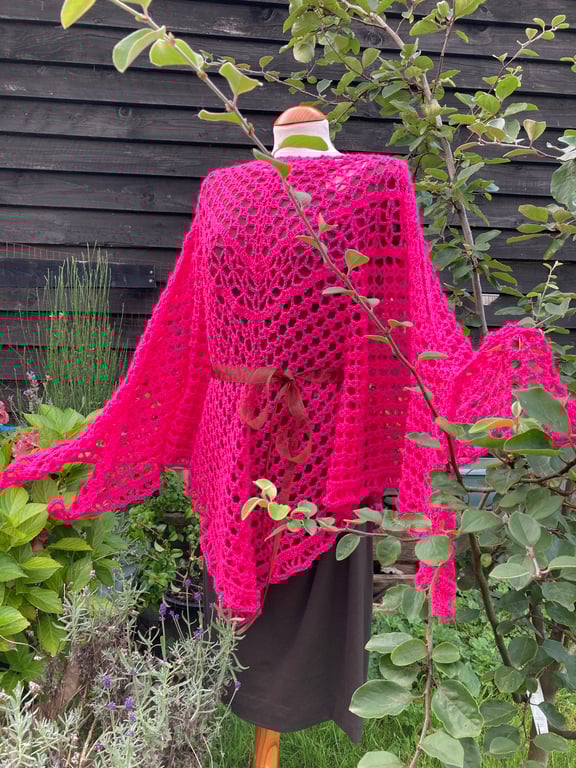 Handmade Lace Blouse Cover Up Handkerchief Top in Fuchsia Pink Merino Wool Yarn