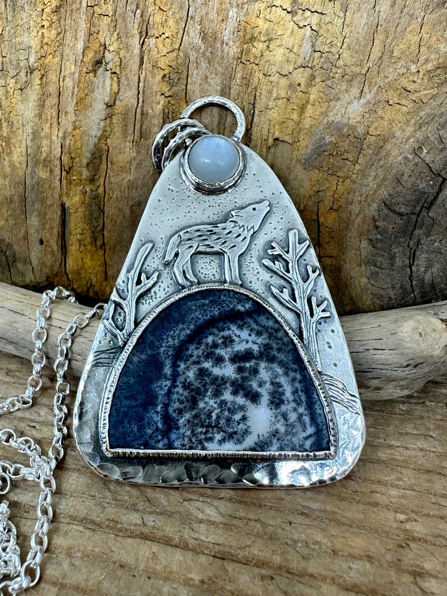 Wolf Pendant with Dendritic Opal and Moonstone