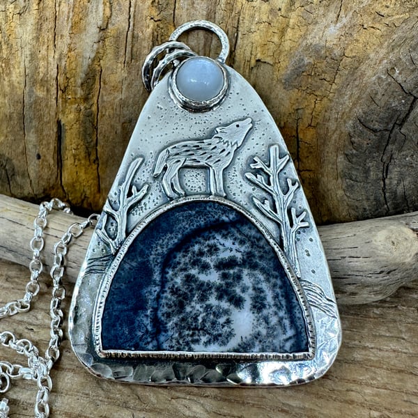 Wolf Pendant with Dendritic Opal and Moonstone