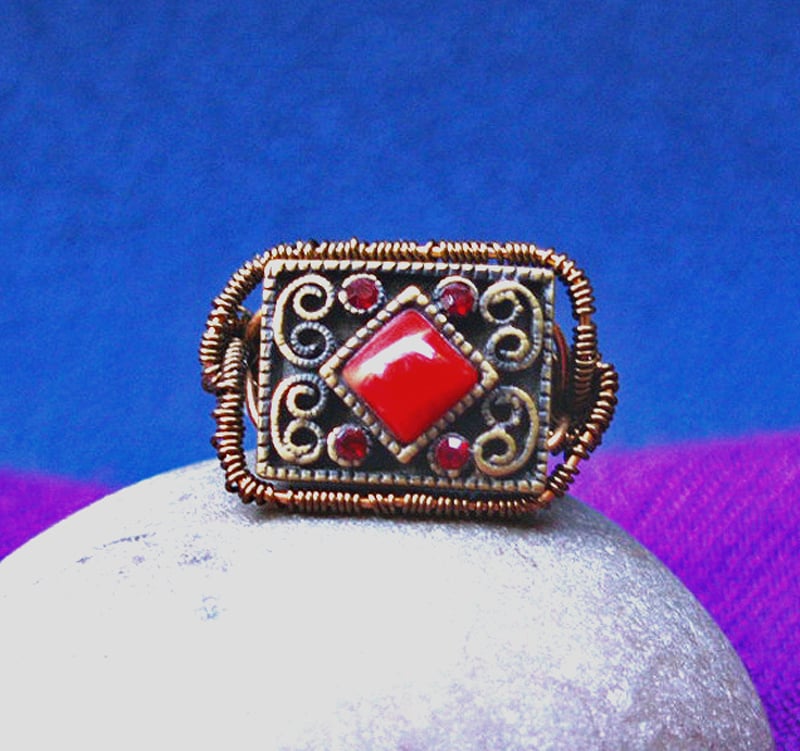 Bronze Ring  - Upcycled Bead  - Handmade Wove - Size M - Perfectly Imperfect