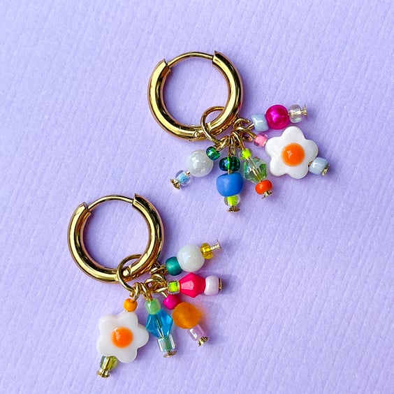 Unique Charm Hoop Earrings – Handmade Beaded Charms on, 18k Gold-Plated Hoops.