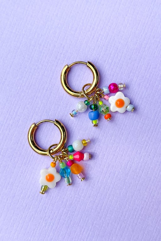 Unique Charm Hoop Earrings – Handmade Beaded Charms on, 18k Gold-Plated Hoops.