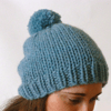 Blue knitted beanie, chunky knit beanie, pompom beanie, knitted slouchy hat,