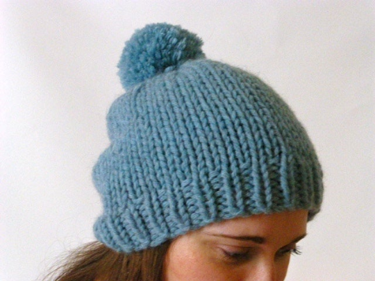 Blue knitted beanie, chunky knit beanie, pompom beanie, knitted slouchy hat,