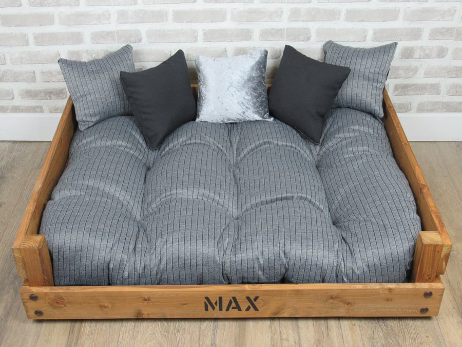 XL Personalised Wooden Rustic Dog Bed Complete With Soft Cushions In Various Col