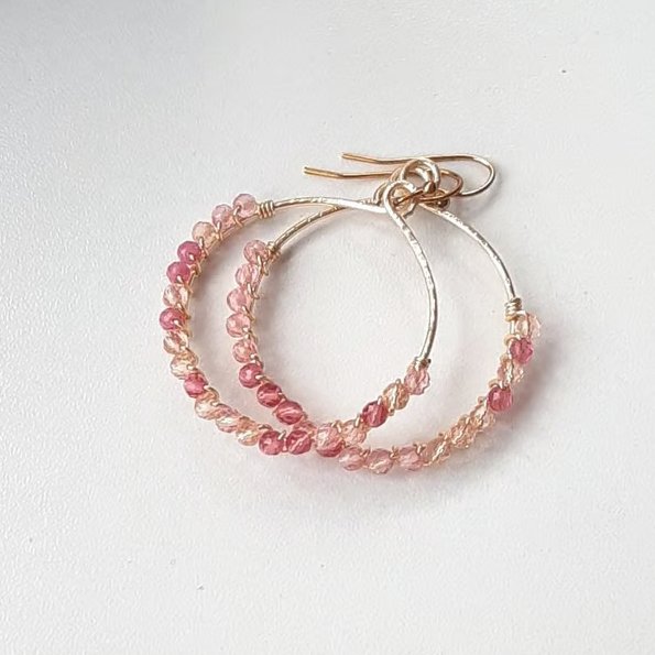 Pink Beaded Round Earrings – Dainty Handmade Wire Wrapped Jewellery