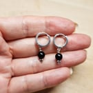 Black obsidian huggie hoop earrings. Sterling silver. Reiki jewelry uk