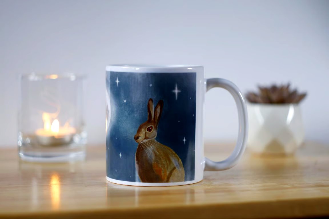 Moon gazing Hare Mug, Hand illustrated coffee cup, Pagan mug