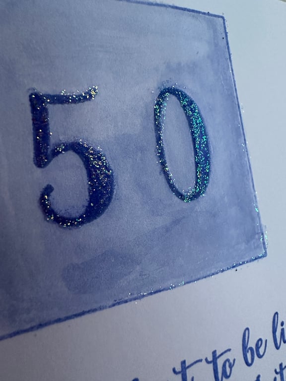 Unisex 50th birthday card with text and sparkle. 