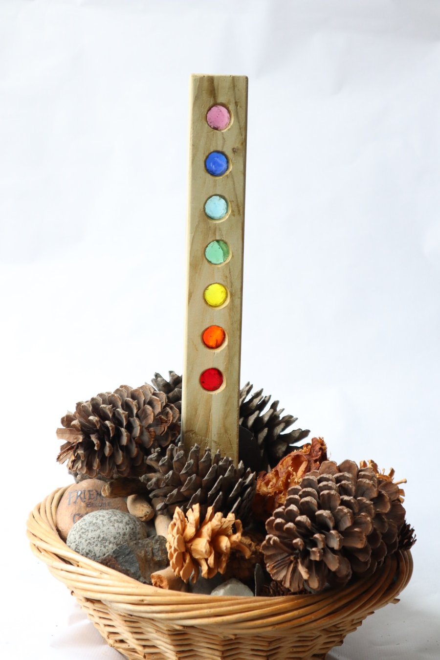 Decorative garden stake, wood and glass