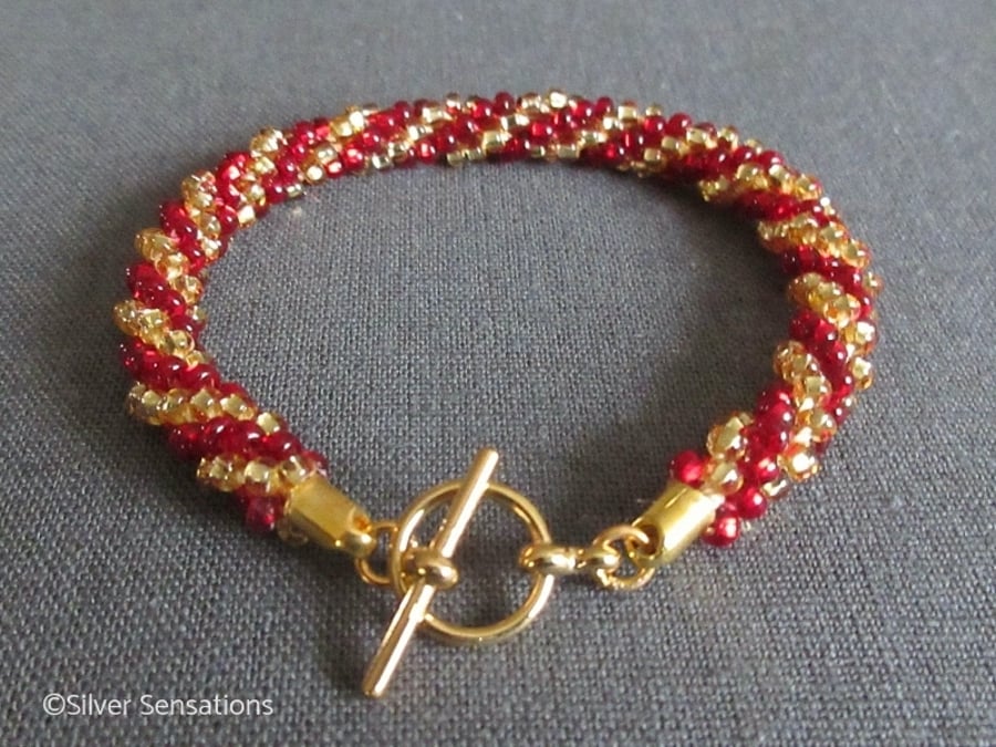Gold & Ruby Garnet Colour Stripey Kumihimo Seed Bead Fashion Bracelet
