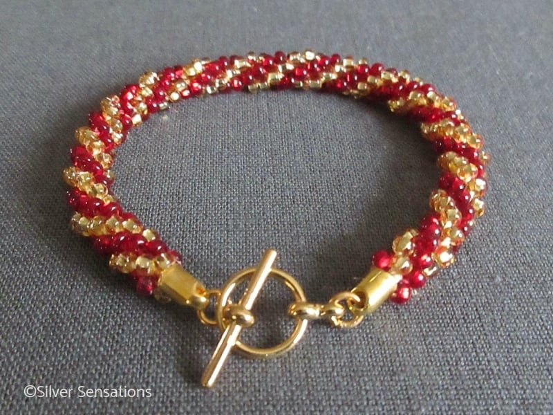 Gold & Ruby Garnet Red Stripey Kumihimo Seed Beads Fashion Bracelet