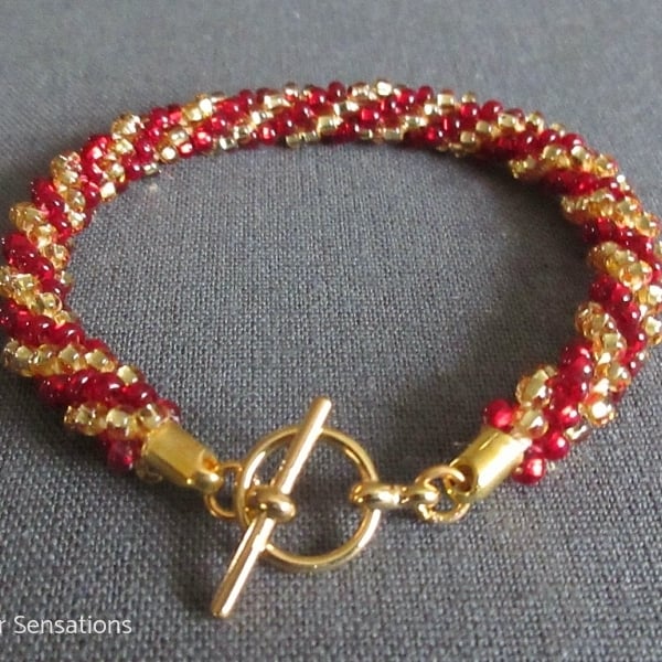 Gold & Ruby Garnet Colour Stripey Kumihimo Seed Bead Fashion Bracelet