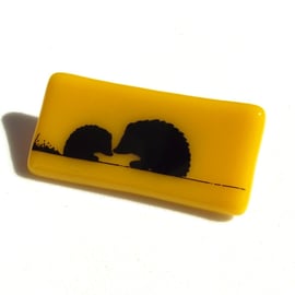 Hedgehog Brooch in Fused Glass with Screen Printed Kiln Fired Enamel