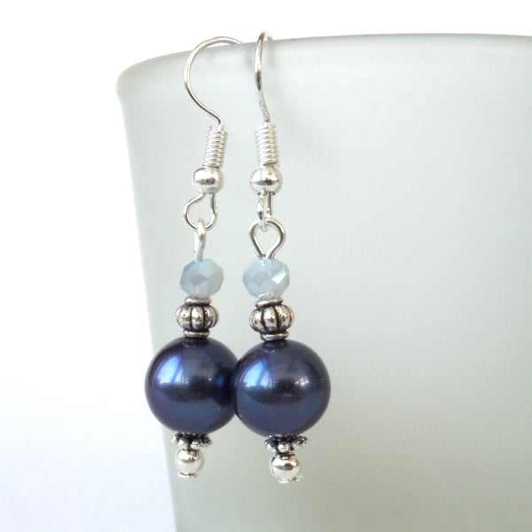 Midnight blue shell pearl and crystal earrings