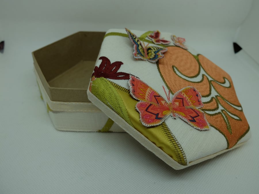 Large hexagonal fabric covered gift box with Butterflies