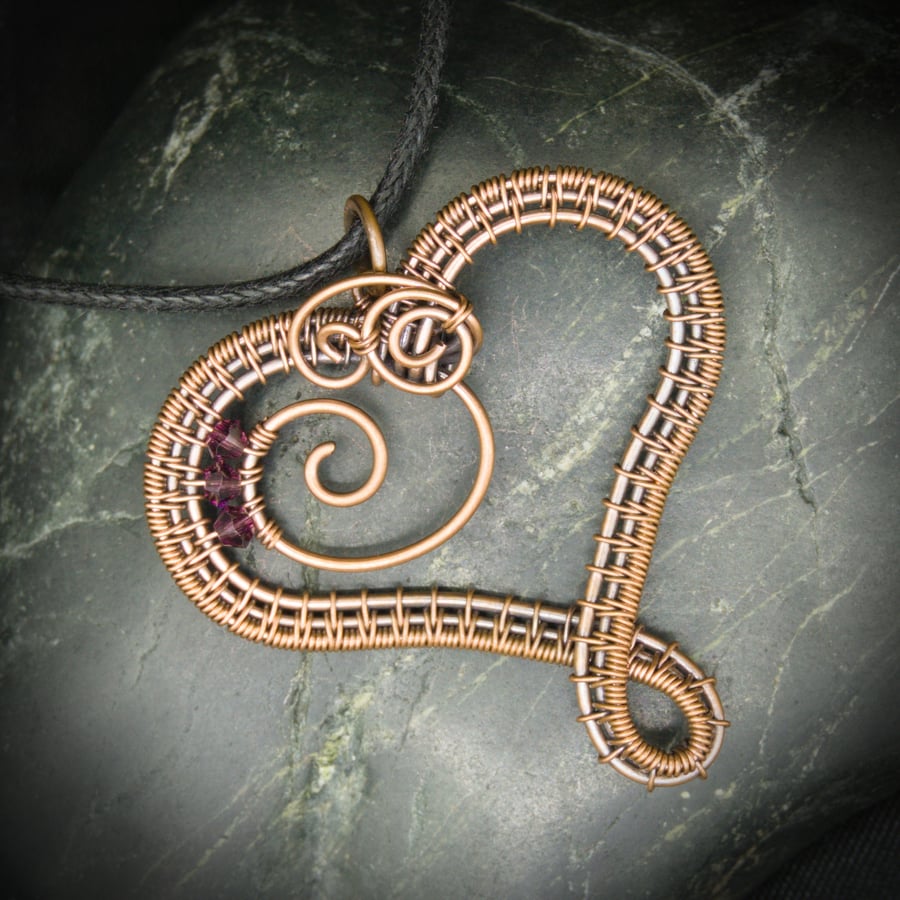 February Copper Heart Birthstone Pendant - Amethyst Swarovski Crystal Beads