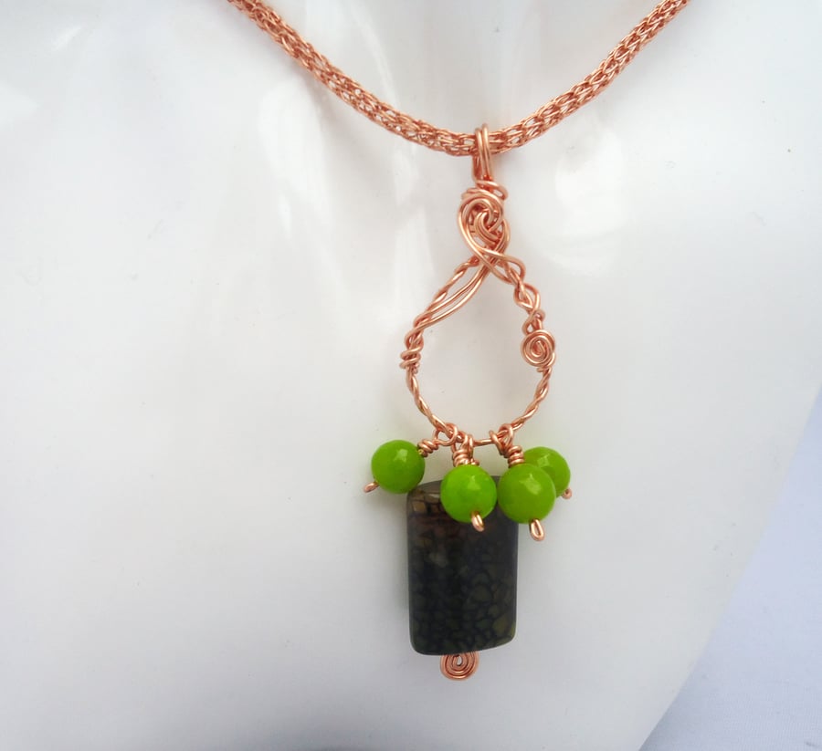 Viking Knit Chain with Wire Wrapped Pendant, Agate and Kyanite wire Wrapped 