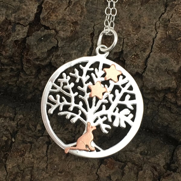 Little Cat Under the Stars Silver Tree of Life Necklace, Pendant.