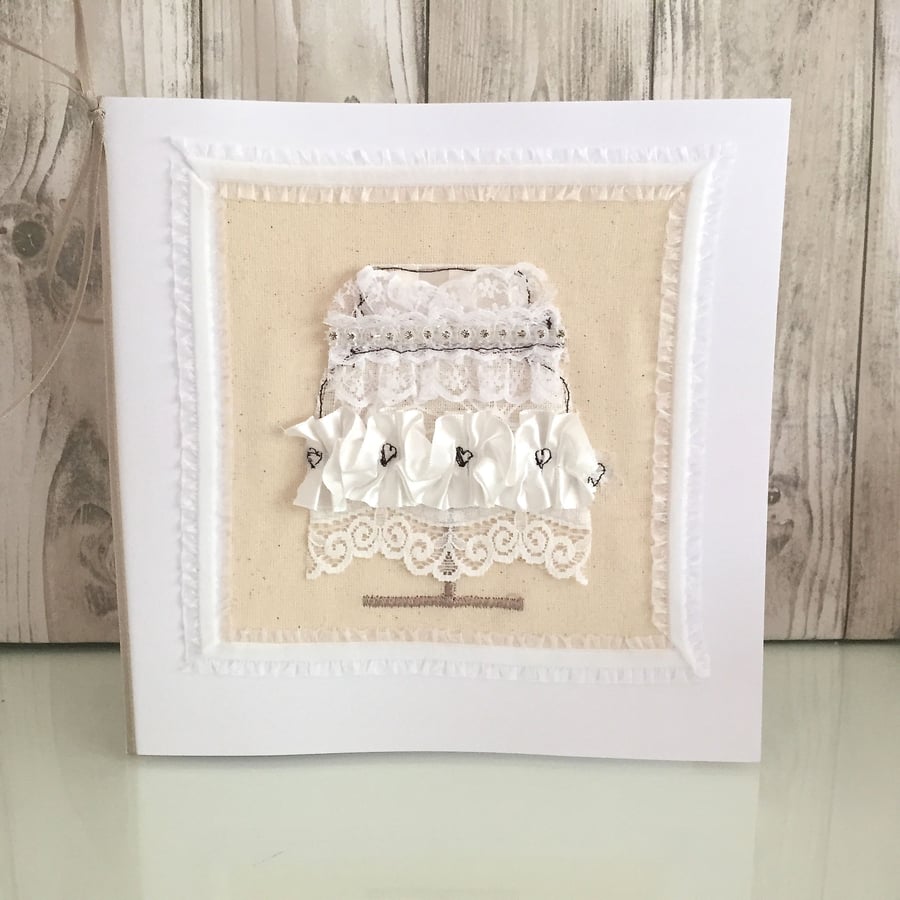 Wedding cake card - wedding card with luxury lace and diamonte trim