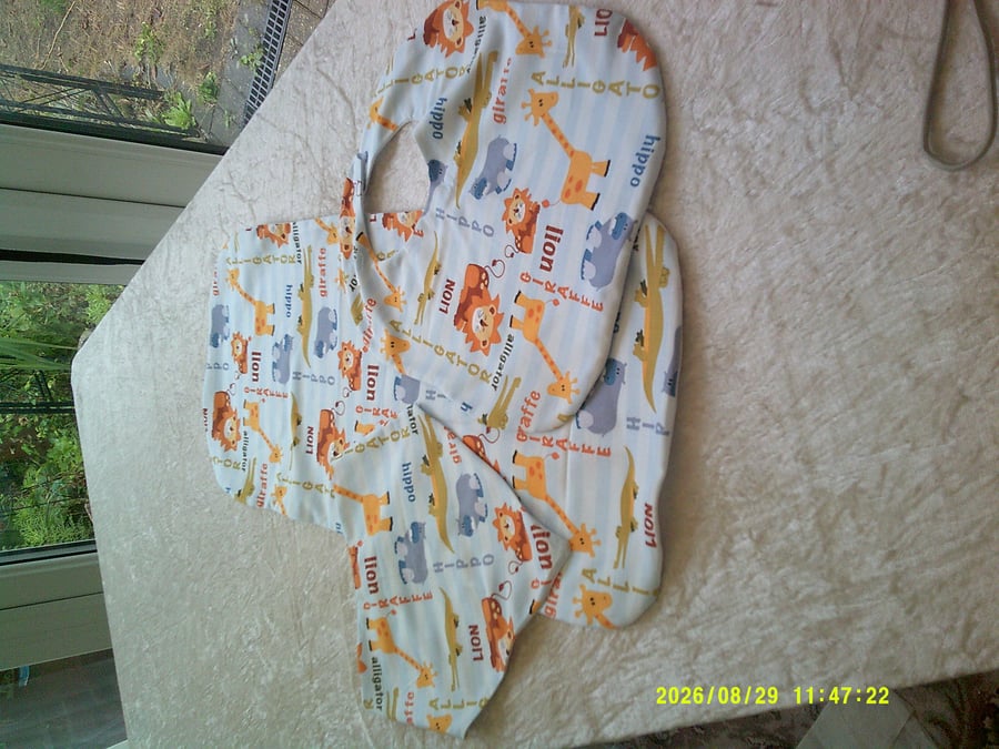 Image of Burp Cloth, Bib and Dribble Bib Set with Safari Animals