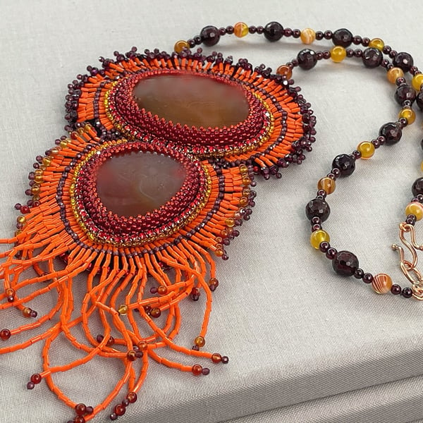 Red & Orange Boho Beaded Fringe Necklace, Fire Agate & Garnet Pendant