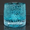 Teal tealight holder with sandblasted papercut design