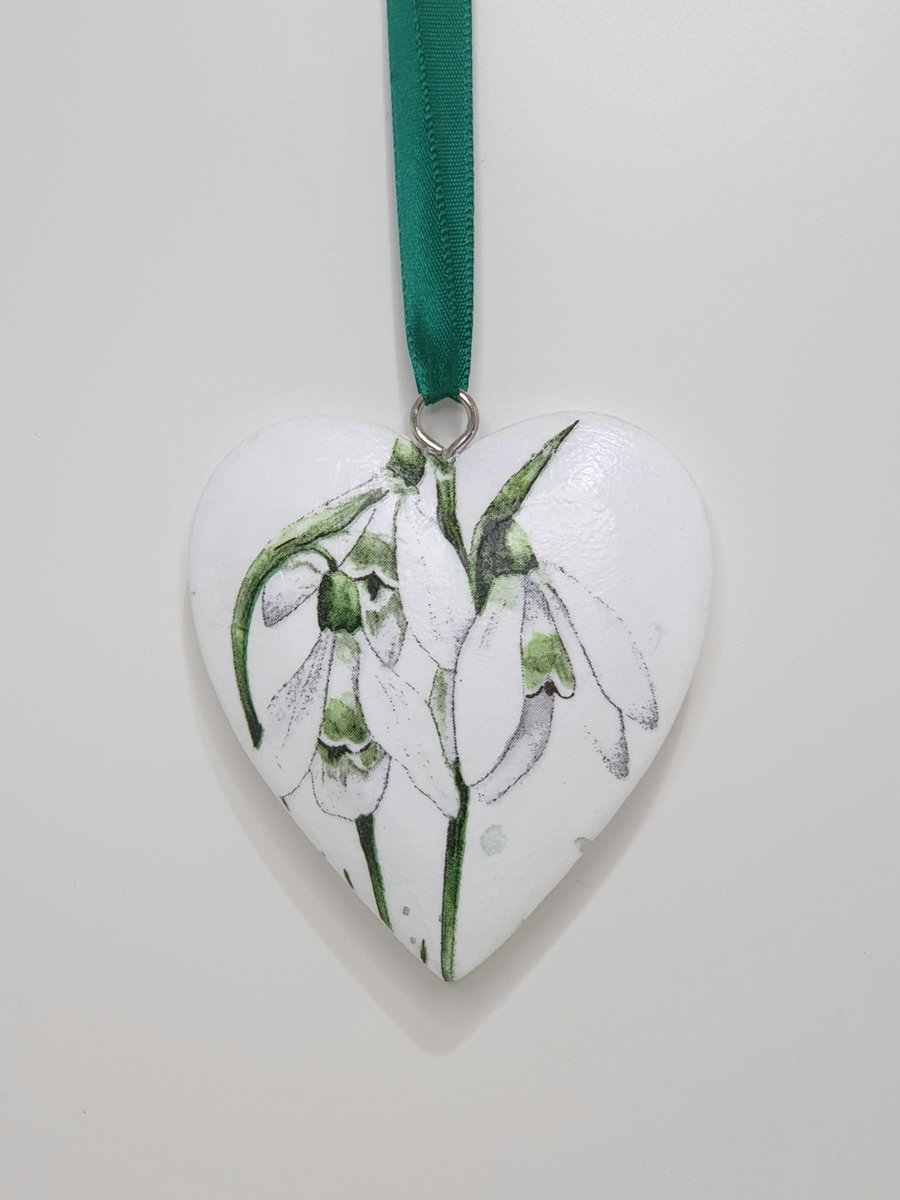 Snowdrops wooden hanging heart decoration, floral gift for her 