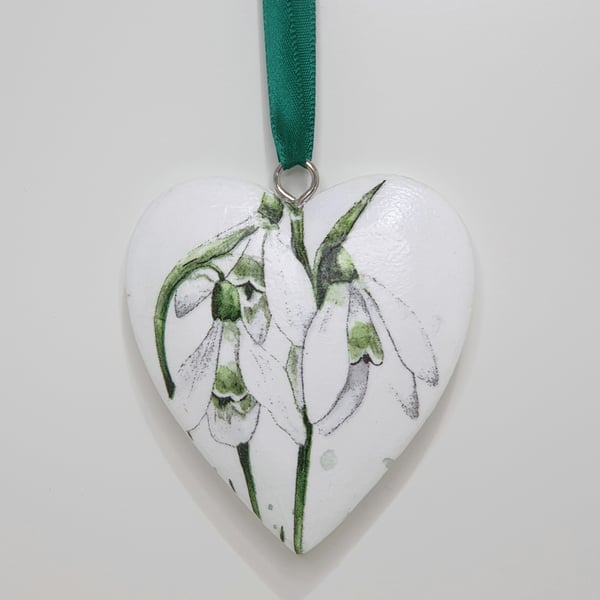 Snowdrops wooden hanging heart decoration, floral gift for her 