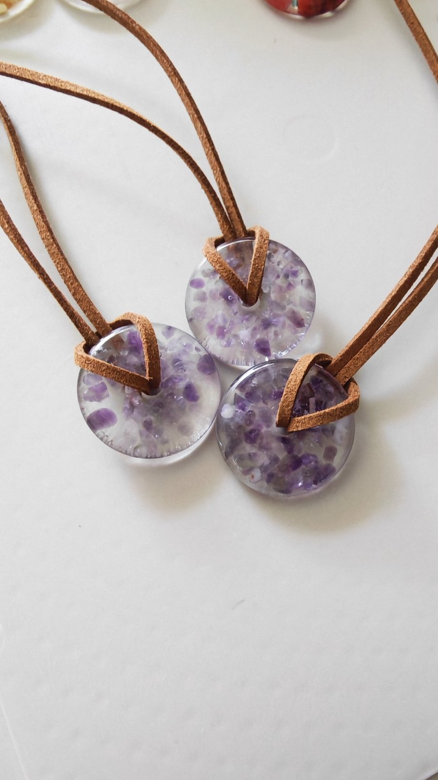 Amethyst Resin Circle Necklace: Crystal Pendant On Cord- Handmade Jewelry