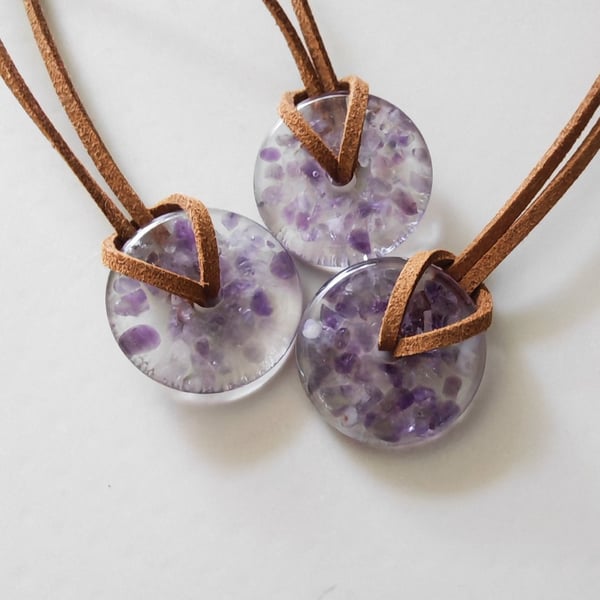 Amethyst Resin Circle Necklace: Crystal Pendant On Cord- Handmade Jewelry
