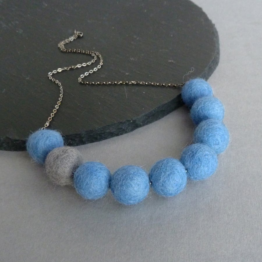 Chunky Denim Blue Felt Necklace - Colourful, Dusty Mid Blue, Statement Jewellery