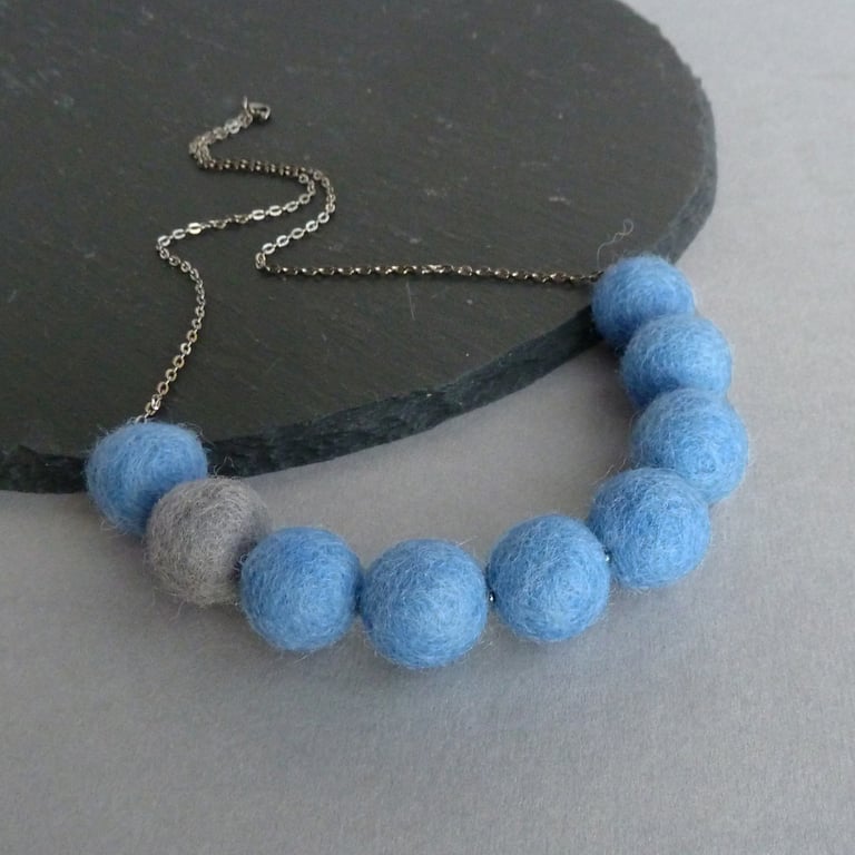 Chunky Denim Blue Felt Necklace - Colourful, Dusty Mid Blue, Statement Jewellery