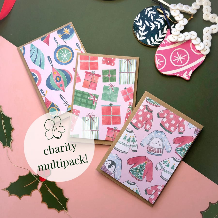 Retro Christmas Card Multipack Hand Painted Bauble, Jumper, Gift Illustrations
