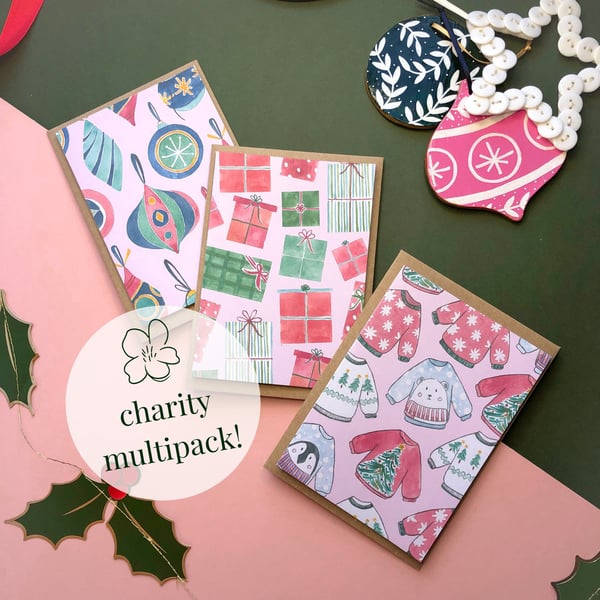 Retro Christmas Card Multipack Hand Painted Bauble, Jumper, Gift Illustrations