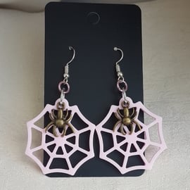 Cute Pink Spider Web and Spider Charm Earrings.