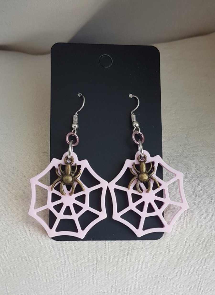 Cute Pink Spider Web and Spider Charm Earrings.