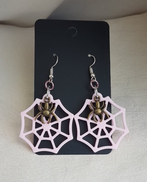 Cute Pink Spider Web and Spider Charm Earrings.