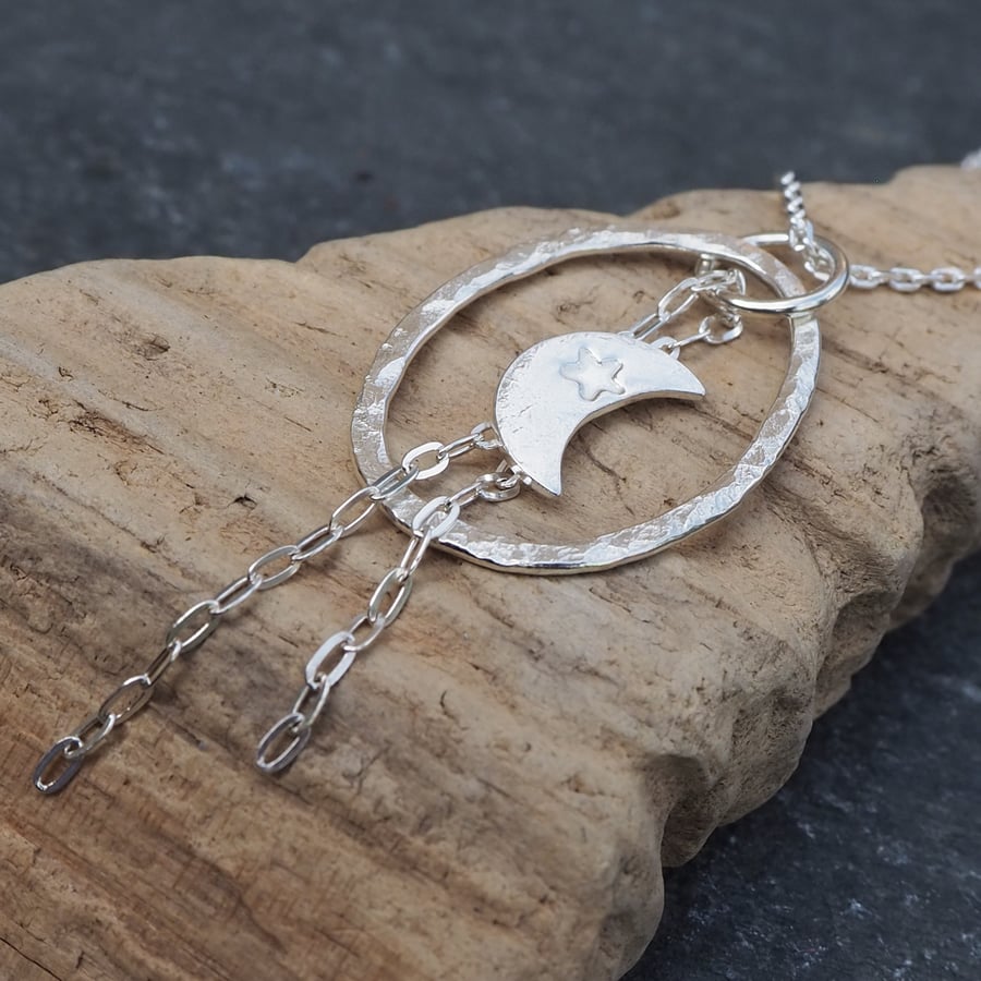 Silver Crescent Moon Pendant Necklace with Star