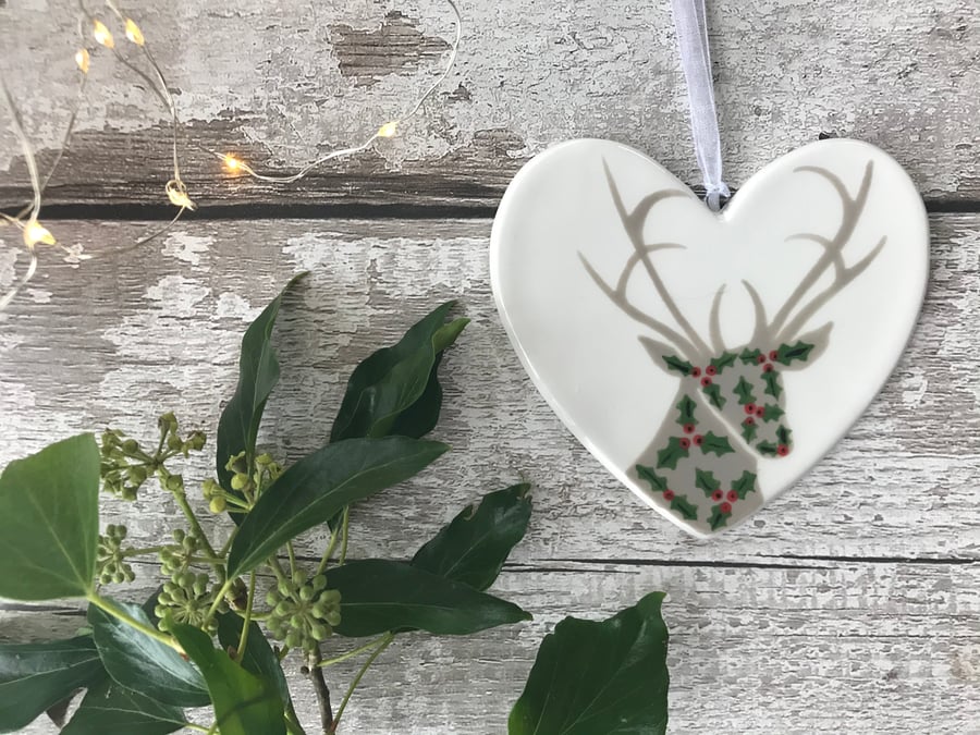 Holly Stag - Hand Painted Ceramic Heart