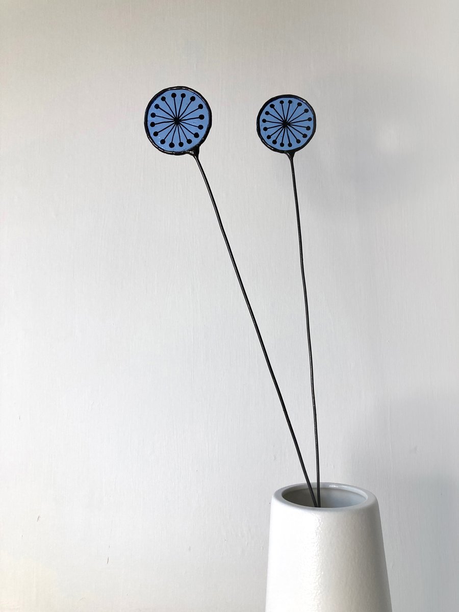 Stained Glass Dandelion Clock, Everlasting Handmade Wild Flower - Blue