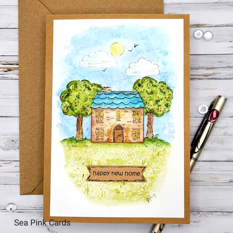 New Home Card - hand-painted, original art, cottage, apple trees