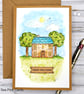 New Home Card - hand-painted, original art, cottage, apple trees