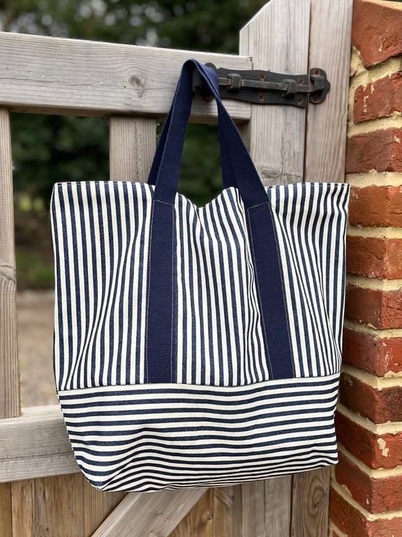 Perfectly Imperfect - large striped market tote with bright pink lining
