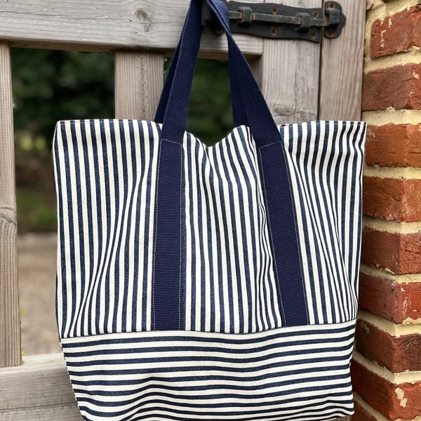 Perfectly Imperfect - large striped market tote with bright pink lining