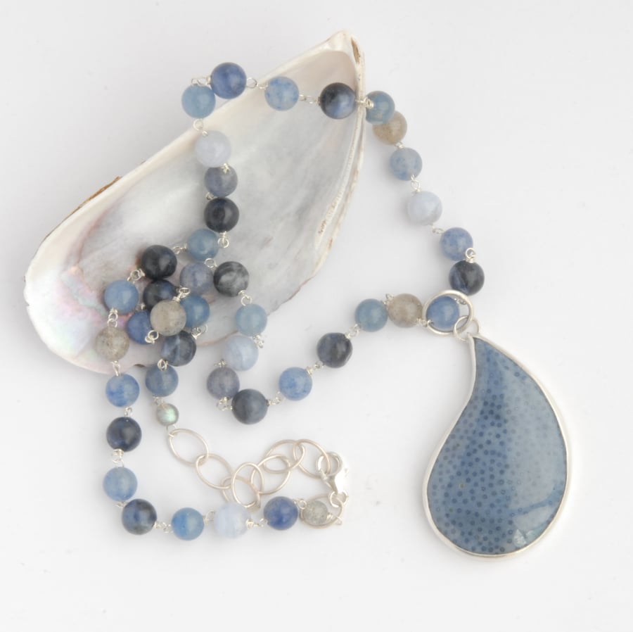 Blue coral pendant and beaded necklace set