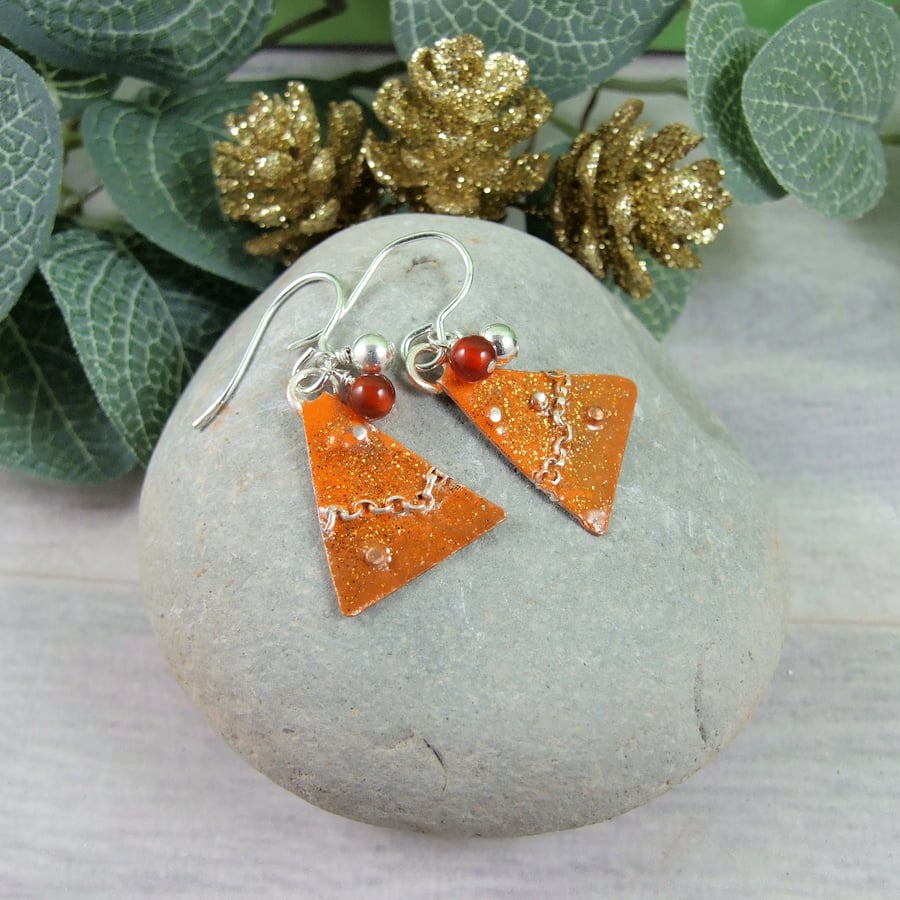 Christmas Earrings, Sterling Silver and Copper with Orange Enamel