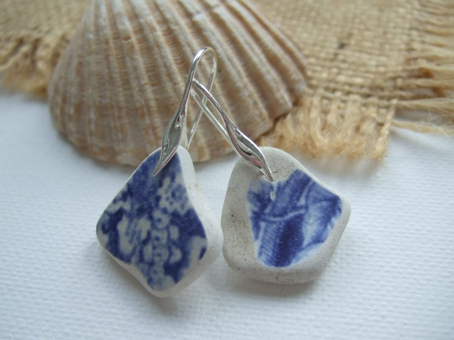 Scottish sea pottery blue jewellery, rose meadow pattern sterling silver pottery