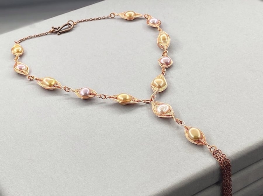 Cultured Pearl Copper Herringbone Y Lariat Necklace with Matching Earrings